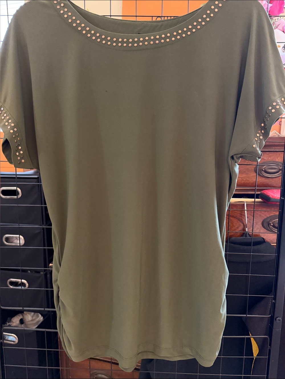 ESPRESSO Y2K Olive Green Studded Embellished Dolman Sleeve Tunic Top S